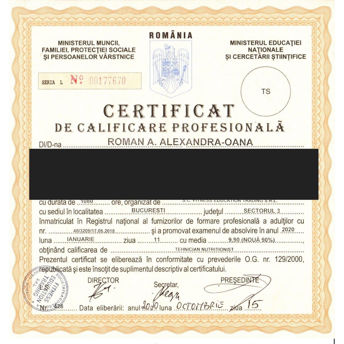 Diplomă Alexandra Roman