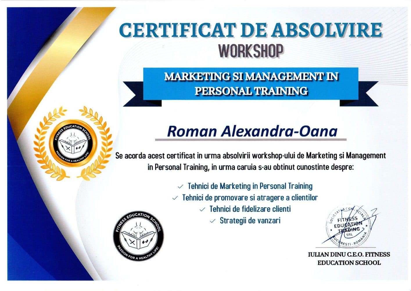 Diplomă Alexandra Roman