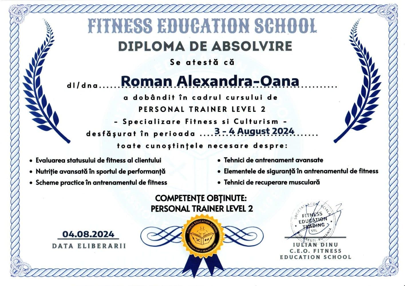 Diplomă Alexandra Roman
