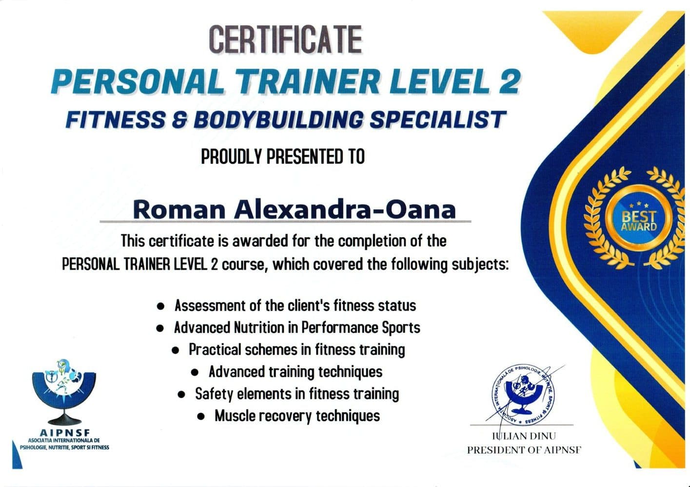 Diplomă Alexandra Roman