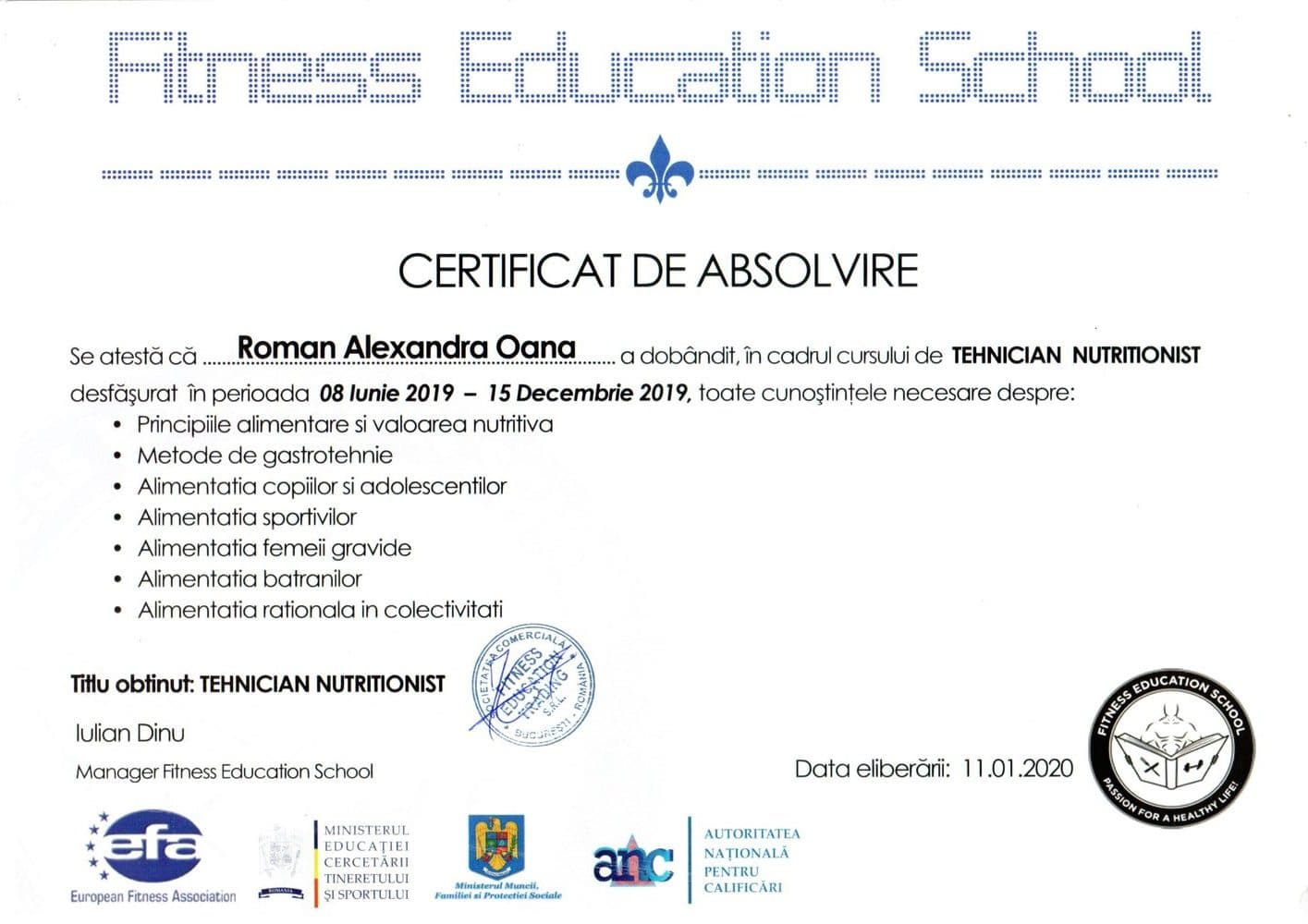 Diplomă Alexandra Roman