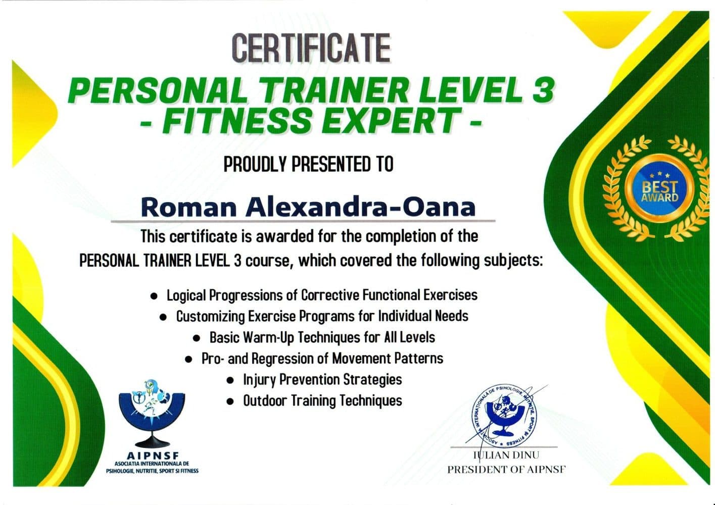 Diplomă Alexandra Roman